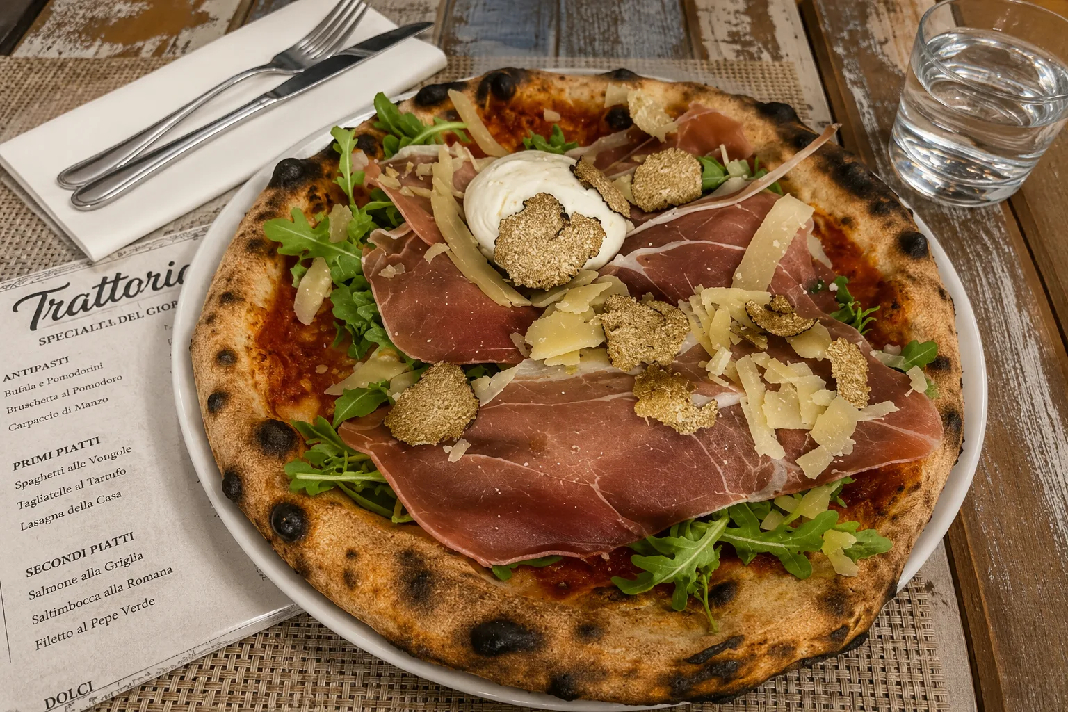 Pizza Amore Mio, jambon cru, Bufala et truffe noire, pizzeria traditionnelle Saint-Raphaël